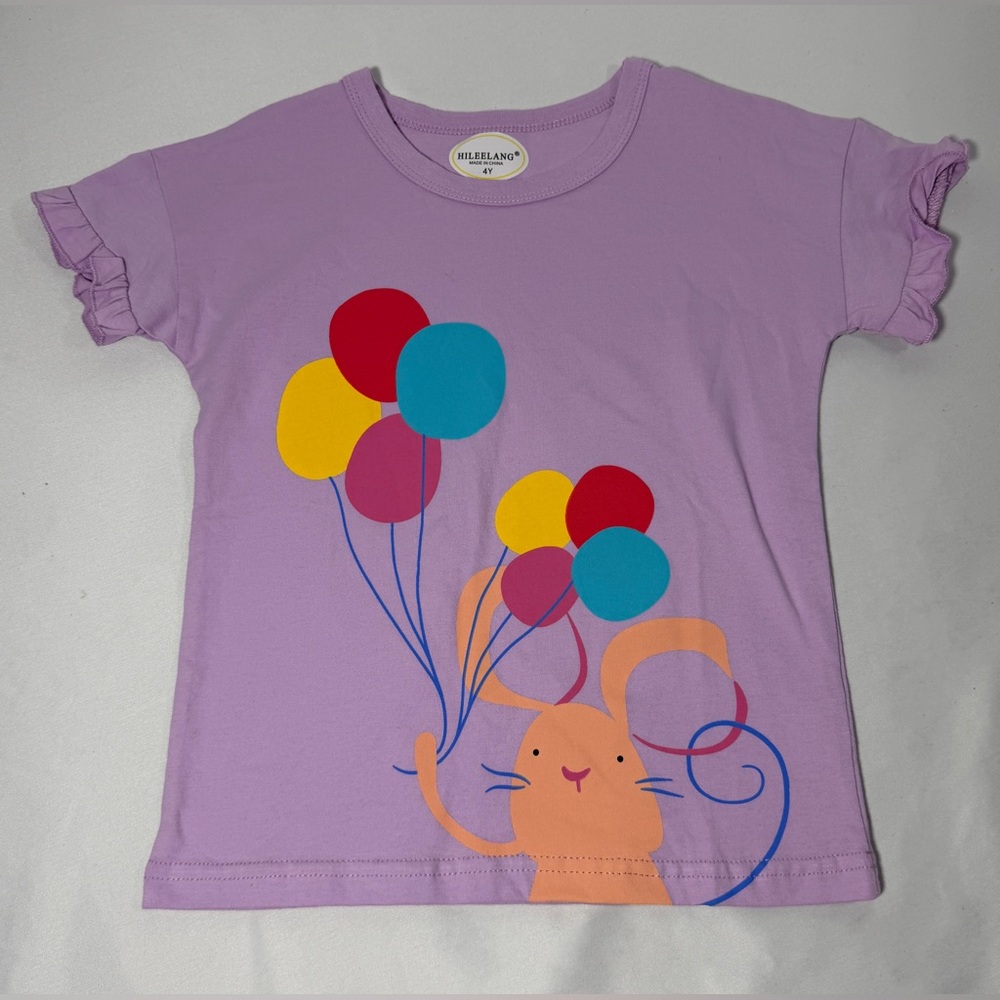 Girls Purple Bunny Top T-Shirt Balloon Graphic Shirt Ruffle Sleeve Size 4Y NWOT